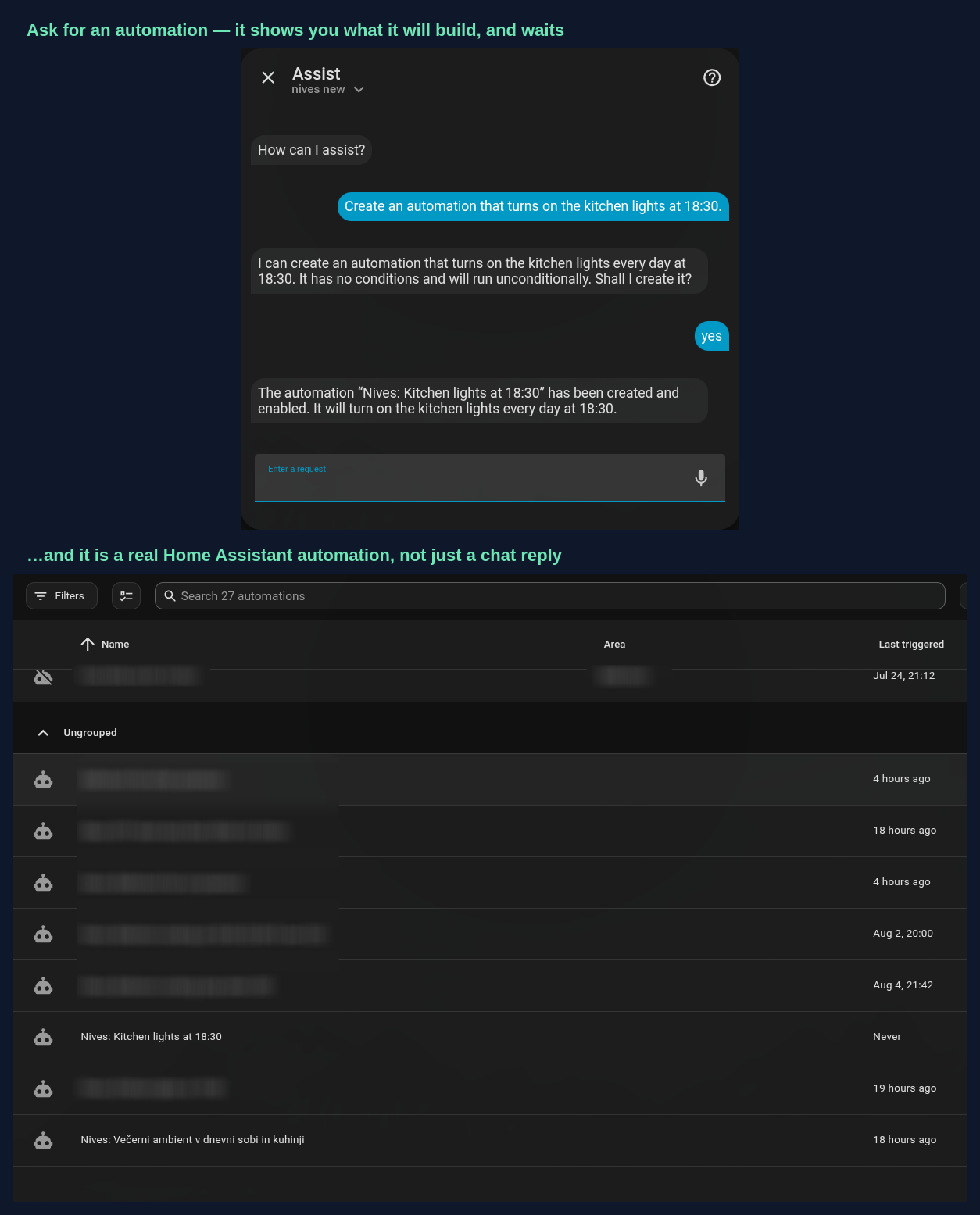 Assist conversation where Nives previews an automation and waits for a yes, followed by the Home Assistant automations list showing the automation it created.