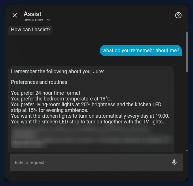 Assist screenshot: asked what it remembers, Nives lists the user's temperature, lighting, and routine preferences.